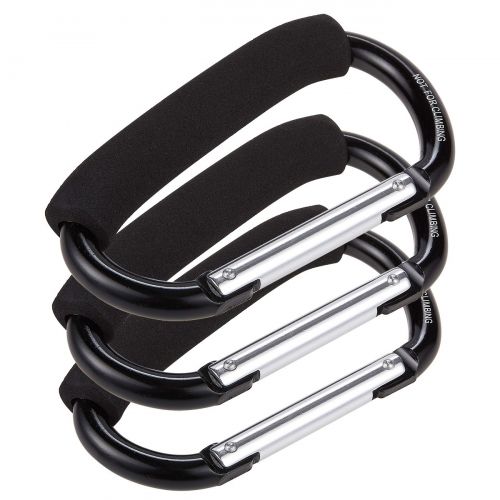  Juvale Set of 3 Stroller Hooks - Aluminum Carabiner Stroller Clips for Baby Strollers, Black - 5.5 x 3.2 x 0.3 Inches