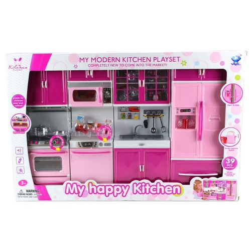  Velocity Toys My Happy Kitchen Full Deluxe Kit Battery Operated Toy Doll Kitchen Playset w/ Lights, Sounds, Perfect for Use with 11-12 Tall Dolls