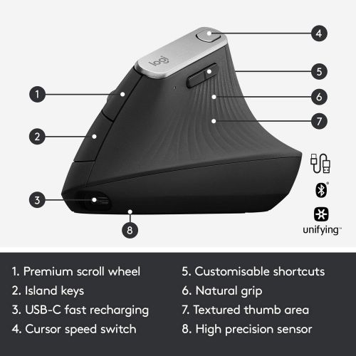 로지텍 Logitech MX Vertical Wireless Mouse  Advanced Ergonomic Design Reduces Muscle Strain, Control and Move Content Between 3 Windows and Apple Computers (Bluetooth or USB), Rechargeab