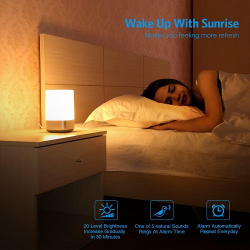  AMIR Wake-Up Light Bedside Lamp Alarm Clock with Sunrise Simulation, 5 Natural Sounds, Rechargeable, Touch Sensor Multicolor Dimmable Night Light, Simple Design and Healthy Style (
