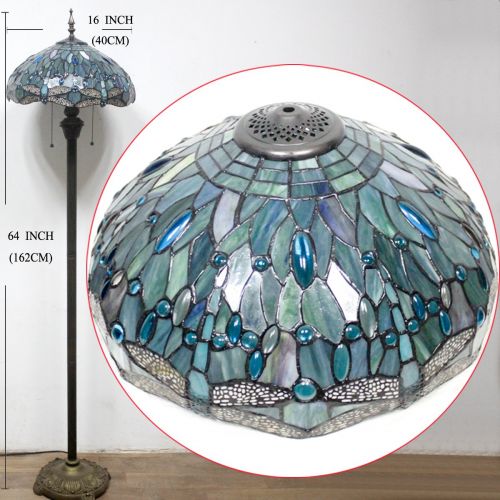  WERFACTORY Tiffany Style Floor Standing Lamp 64 Inch Tall Sea Blue Stained Glass Shade Crystal Bead Dragonfly 2 Light Antique Base for Bedroom Living Room Reading Lighting Table Set S147 WERF