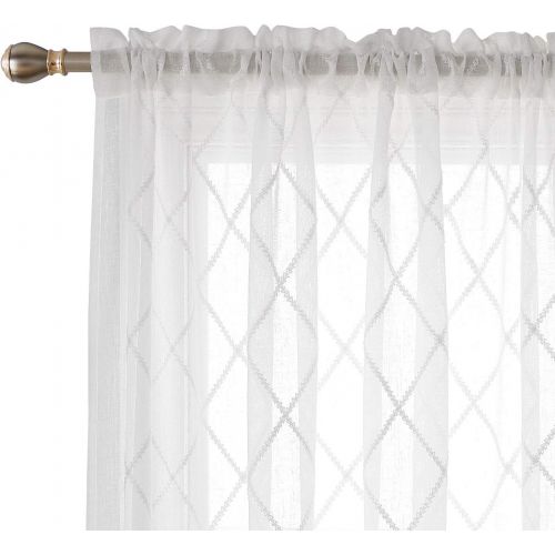  Deconovo Room Decorative Sheer Curtain Panels Faux Linen Meridian Embroidered Curtain Rod Pocket Curtains Drapes for Bedroom 52 x 84 Inch Beige 2 Panels