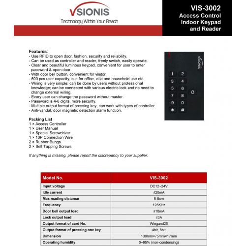  Visionis FPC-5339 One Door Access Control Inswinging Door 600lbs Maglock with VIS-3002 Indoor use only KeypadReader Standalone no software em card compatible 500 users Wireless Re