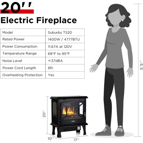  TURBRO Suburbs TS20 Electric Fireplace Heater, Freestanding Fireplace Stove with Realistic Dancing Flame Effect - CSA Certified - Overheating Safety Protection - Easy to Assemble -