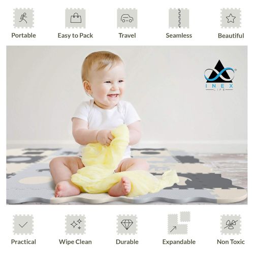  INEX Life Soft Foam Baby Play Mat - Interlocking Floor Tiles, Extra Thick (0.80”) | Non-Toxic, Crawling, Tummy Time Mat | Neutral Colors, Children Play Room & Baby Nurseries | Infant, Baby,