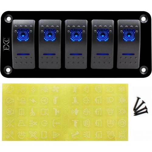  FXC Rocker Switch Aluminum Panel 5 Gang Toggle Switches Dash 5 Pin ONOff 2 LED Backlit for Boat Car Marine Blue