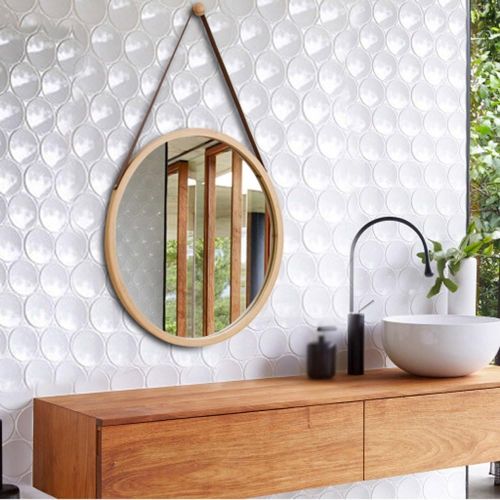  Mirror Nordic wall round wall mounted bathroom bathroom vanity makeup hanging (Color : Wooden, Size : 4545cm)