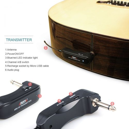  Aroma AROMA ARU-02 Wireless Guitar System, Digital 2 Channel 6.35 mm Plug Transmitter Receiver Set for Guitar Bass, Plastic Black