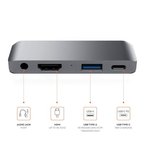 사테치 [아마존 핫딜]  [아마존핫딜]SATECHI Typ-C Aluminium Mobiler Pro Hub Adapter mit USB-C PD Ladefunktion, 4K HDMI, USB 3.0 und 3.5mm Audioausgang, kompatibel mit 2018 iPad Pro, Microsoft Surface Go und Anderen (