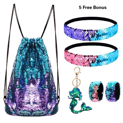  GADGETS ENTREPOT Mermaid Reversible Sequin Drawstring Backpack/Bag Green/Black for Kids Girls