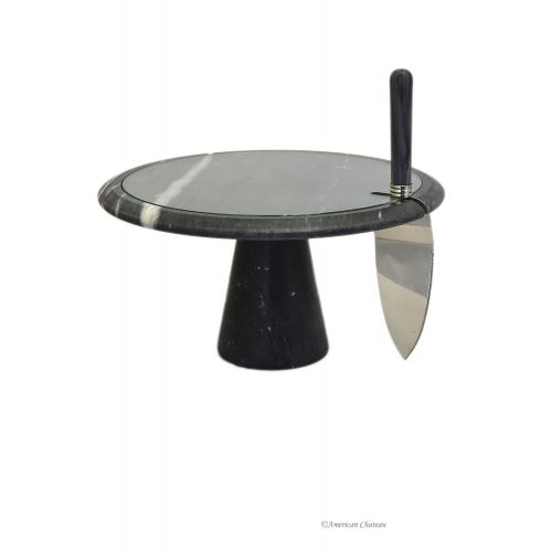  American Chateau Luxury 12 Glass-Topped Large Black Marble Cake Stand Plate & Cake Server