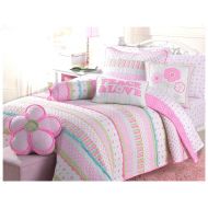 Cozy Line Home Fashions Pink Greta Pastel Polka Dot Green Blue Stripe Flower Print Cotton Bedding Quilt Set, Reversible Coverlet, Bedspread, Gifts for Kids Girls (Pastel Set, Full