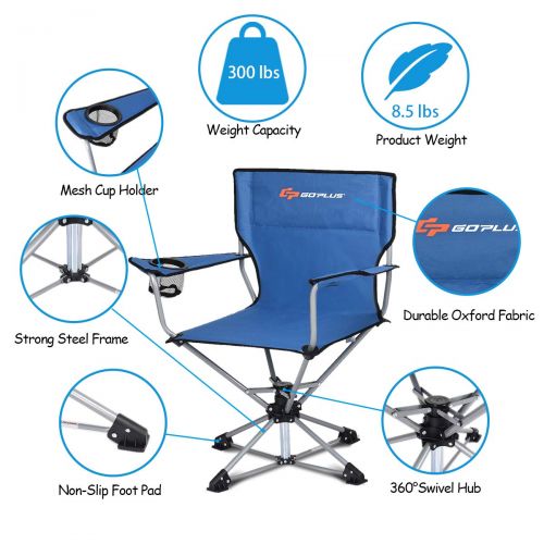  Timber Goplus Swivel Camping Chair w/Cup Holder & Carrying Bag, Foldable 360-degree Free Rotation Chair for Fishing Picnic Hiking (Blue)