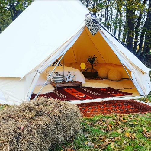  Odoland UNSTRENGH Large Beige Luxury 4-Season Camping Cotton Canvas Bell Tent Double Doors Camping Hunting Tent with Stove Jack Hole, Cable Hole …