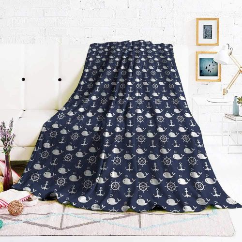  WinfreyDecor Navy Blue Blanket Sheets Maritime Pattern with Whales Helms Anchors Nautical Elements Deep Sea Life 60 Wx80 L Navy Blue White