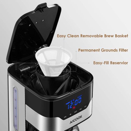  Aicook Kaffeemaschine mit Timer und Kaffeestarke lasst sich Verstellen, Anti-Drip-Funktion, Touchscreen, Dauerfilter, 900 W, Hochwertiger Edelstahl, Schwarz