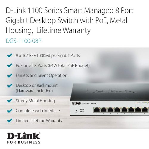  D-Link PoE Switch, 8 Port Smart Managed Gigabit Ethernet Layer 2 VLAN Control (DGS-1100-08P)