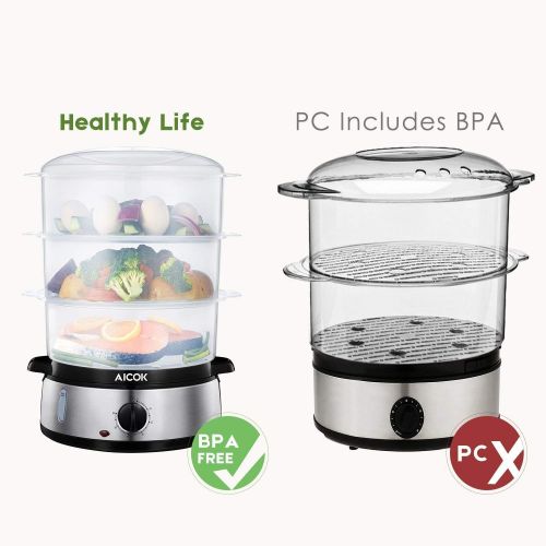  AICOK Food Steamer 9.5 Quart Vegetable Steamer, 800W Fast Heating Electric Steamer including 3 Tier Stackable Baskets with Rice bowl, Stainless Steel