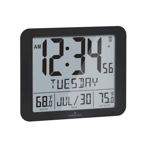  Marathon CL030027-FD-BK Slim Atomic Wall Clock with Full Calendar and Large Display and IndoorOutdoor Temperature (New Full Display, Color: Black)