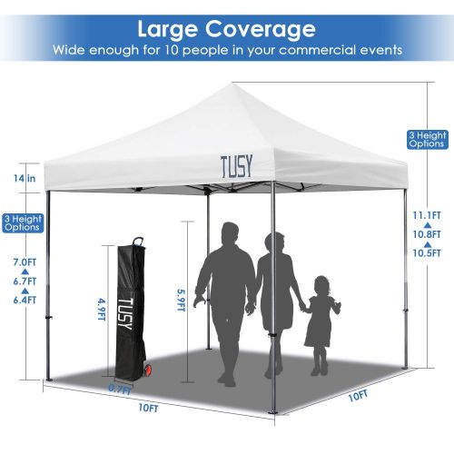  TUSY 10 x 10 Pop up Canopy Tent, Commercial Instant Canopies, Instant Folding Canopy with Heavy Duty Roller Bag, White