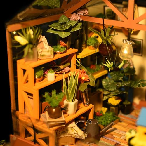  ROBOTIME DIY Dollhouse Wooden Miniature Furniture Kit Mini Green House with LED Best Birthday Gifts for Women and Girls