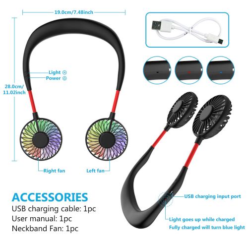  WOWGO Hand Free Mini USB Personal Fan - Rechargeable Portable Headphone Design Wearable Neckband Fan，3 Level Air Flow，7 LED Lights，360 Degree Free Rotation Perfect for Sports, Office and
