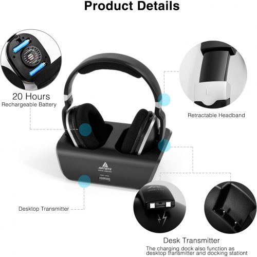  ARTISTE Wireless TV Headphones Over Ear Headsets - Digital Stereo Headsets with 2.4GHz RF Transmitter, Charging Dock, 100ft Wireless Range and Rechargeable 20 Hour Battery, Black
