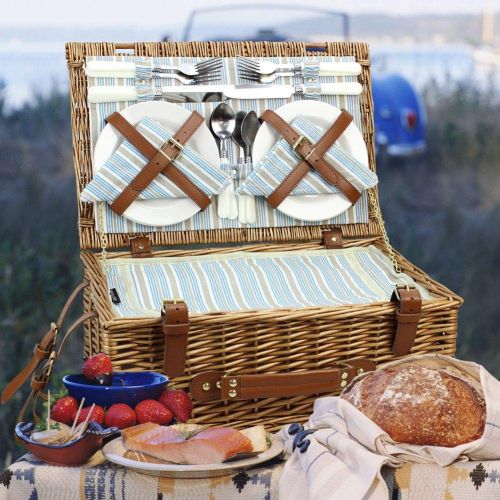  HappyPicnic Wicker Picnic Basket Set for 4 Persons | Large Willow Hamper with Large Insulated Cooler Compartment, Free Waterproof Blanket and Cutlery Service Kit-Classical Brown