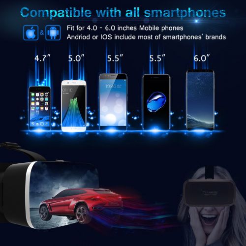  [2018 Upgrade Version] Pansonite Virtual Reality VR Headset for Mobile Games & Movies, Comfortable & Adjustable VR Glasses with HD Lenses, Full Eye Protection for Smartphones (Blac