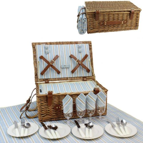  HappyPicnic Wicker Picnic Basket Set for 4 Persons | Large Willow Hamper with Large Insulated Cooler Compartment, Free Waterproof Blanket and Cutlery Service Kit-Classical Brown