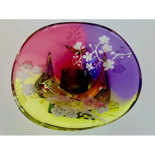  Akoko Art Handengraved Crystal Glass Hand Engraved Cherry Blossom Bowl, Engraved Bowl, Centerpiece Bowl, Cherry Blossom Bowl, House Warming gifts