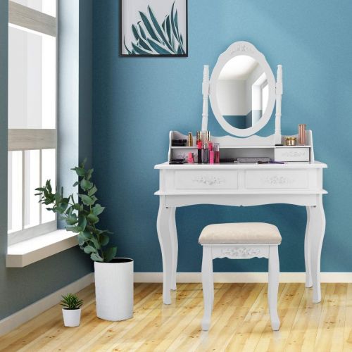 자이언텍스 Giantex White Vanity Set with Mirror and Stool, Bedroom Wood Makeup Table for Women Girls Gift, Mirrored Dressing Table Desk Vanity Dresser with Storage, Modern Room Vanities with