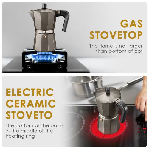  AICOOK Stovetop Espresso Machine, 6 Cups Moka Pot, Espresso and Coffee Maker for for Gas or Electric Ceramic Stovetop, Espresso Shot Maker for Italian Espresso, Cappuccino and Latt