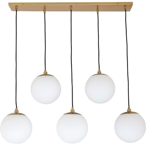  Rivet Eclipse 5-Globe Brass Pendant Chandelier, 36H, Brass with Frosted Glass Globes