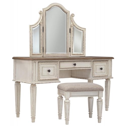  Signature Design by Ashley Realyn Vanity and Mirror with Stool Chipped White
