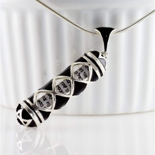  Enamel Jewelry Boutique Mezuzah Necklace w Hebrew Scroll Black Pendant for Men Rhombuses Jewish Jewelry Kabbalah Pendant Enamel Sterling Silver Charm Jewish Gift Judaica for MenWomen