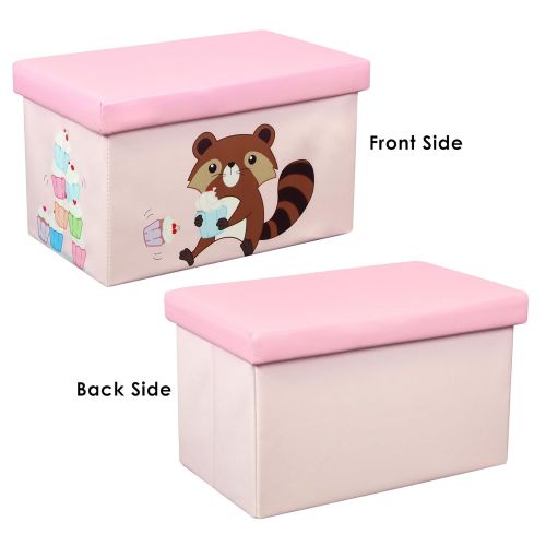  Otto & Ben 23 Toy Box - Folding Storage Ottoman Chest with Foam Cushion Seat, Washable Faux Leather Foot Rest Stools for Kids, Raccoon and Cupcake