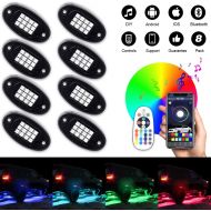 Car mats ROCCS 8Pcs RGB LED Rock Light Multicolor Neon LED Light Kit with Bluetooth Wireless Remote Control for Jeep Off Road Car Truck Underbody Vehicle Tail Glow Lamp