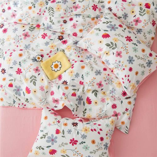  BuLuTu Floral Love Print Girls Duvet Cover Full WhitePink Cotton Premium Blossom Kawaii Reversible Colorful Kids Bedroom Comforter Cover Queen Bedding Sets for Teen,Lightweight,Zi