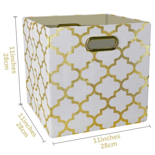  Lajaler Storage Cubes -(Set of 4) Storage Baskets | Metal Handles | Cube Storage Bins | Hard Sided Foldable Closet Shelf Organizer | Drawer Organizers and Storage | (11x11x11) (White Gold