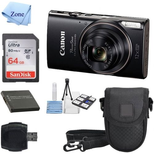  Accessory Zone Canon PowerShot ELPH 360 HS(Black) with 12x Optical Zoom and Built-In Wi-Fi with Deluxe Starter Kit Including 64GB SDHC Flexible Tripod + Extra battery + Protective Camera Case