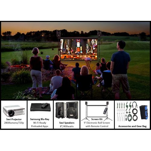  Backyard Theater Systems IndoorOutdoor Theater Kit | Silverscreen Series System | 9’ Projection Screen with HD Savi 1080p Projector, Surround Sound System, Blu-Ray Player wWiFi (SS-100)