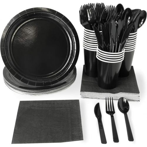 Juvale Black Party Supplies - 24-Set Paper Tableware - Disposable Dinnerware Set for 24 Guests, Including Knives, Forks, Spoons, Paper Plates, Napkins and Cups, Black