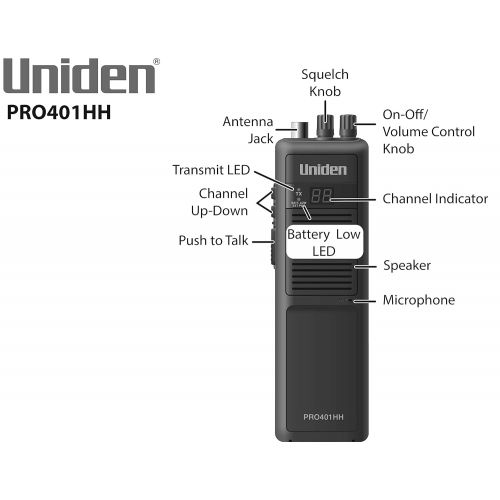  [아마존베스트]Uniden PRO401HH Professional Series 40 Channel Handheld CB Radio, 4 Watts Power with Hi/Low Power Switch, Auto Noise Cancellation, Belt Clip and Strap Included
