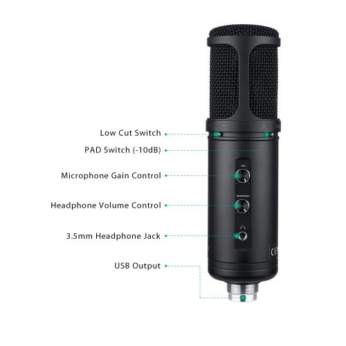  AUKEY Condenser Microphone Recording, USB Cardioid Microphone 3.5mm Headphone Jack Tripod Stand PC Computer