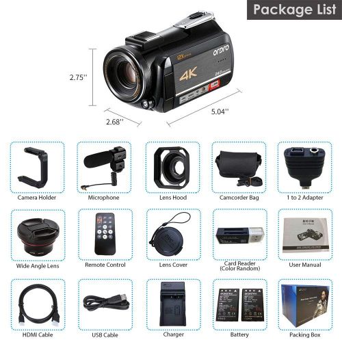  4K Camcorder, Video Camera ORDRO AC5 with 12x Optical Zoom 3.1’’ IPS Touch Screen Ultra HD 1080P 60FPS Digital WiFi Camera Camcorders with Microphone Wide Angle Lens