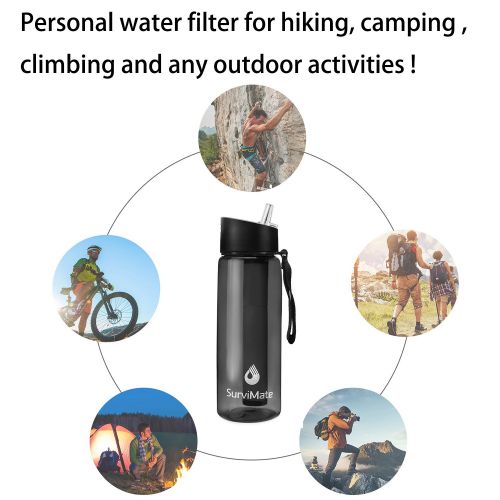  SurviMate Filtered Water Bottle BPA Free with 4-Stage Intergrated Filter Straw for Camping, Hiking, Backpacking and Travel