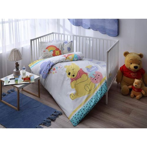  100% Organic Cotton Soft and Healthy Baby Crib Bed Duvet Cover Set 4 Pieces, Winnie The Pooh Hunny Baby Bedding Set