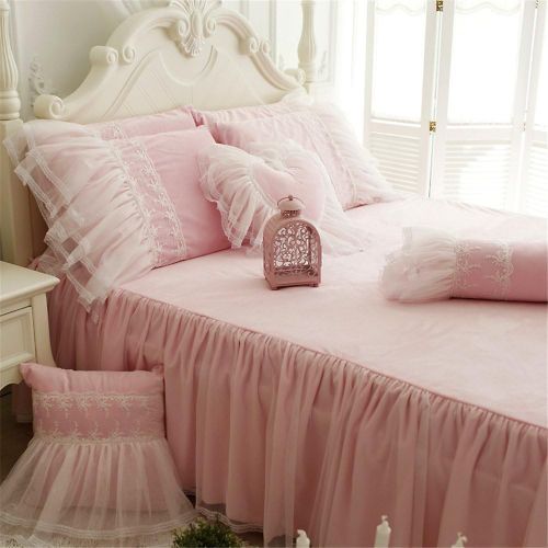  Brand: ABREEZE ABREEZE 100% Cotton 4-Piece Pink Bedding Set Girls Fairy Bedskirts Ruffle Lace Princess Duvet Cover Set Full Size