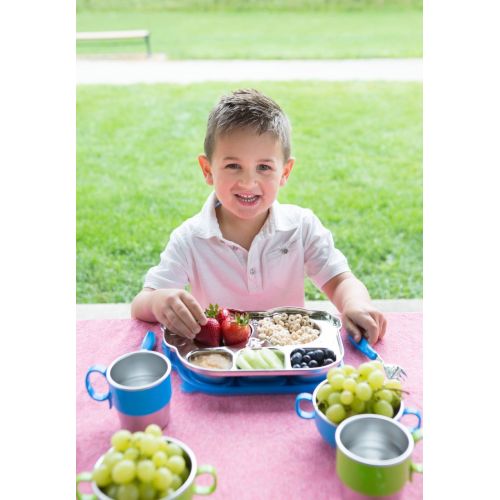  Innobaby Din Din Smart Stainless Steel Dinnerware Gift Set (Divided Plate, Sectional Lid, Cup, Bowl and Utensil Set) for Babies, Toddlers and Kids. BPA free, Green